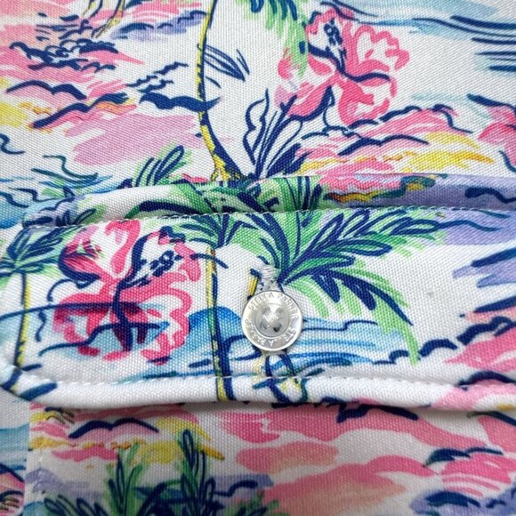 STELLA PARKER Polo Top Medium Pink Palms Print Short Sleeve Stretch Jersey Golf - Picture 8 of 9
